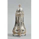 An Art Nouveau sugar caster with a pierced domed cover and urn finial, the body embossed and
