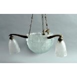 A French Art Deco Degue moulded and frosted three branch ceiling light with silvered metal fittings,