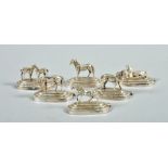 A set of six early 20c Continental silver menu card holders depicting horses, each approximately 1.