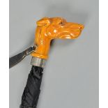 An umbrella, black and with a black leather carrying case and having an amber coloured composite dog