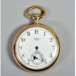 A 9ct gold Waltham pocket watch, to include a sub-seconds dial, the case 44mm diam.