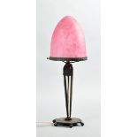 A French Art Deco wrought iron table lamp with pink clouded domed shade, 18"h.