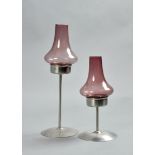 Two Old Hall stainless steel candle holders with Whitefriars glass shades, 8" and 11.25"h.