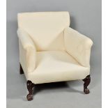 An early 20c Howard & Son upholstered armchair with rear swept legs, ball and claw front legs, 28"w,