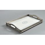 An early 20c WMF ceramic tray of rectangular form, with a pierced raised silver plated gallery