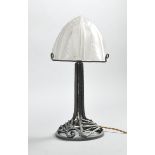 A French Art Deco wrought iron table lamp with frosted degue shade, 13.5"h.