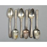 A set of six feather edged teaspoons , marks rubbed, circa 1800, each 4.75"l.