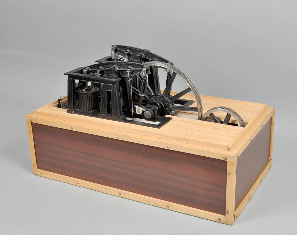 A model of a Victorian double beam pump engine, electrically powered, 20"l, 6"h.