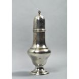 An Edwardian large sugar caster of baluster form, with a pierced domed cover and flame finial,