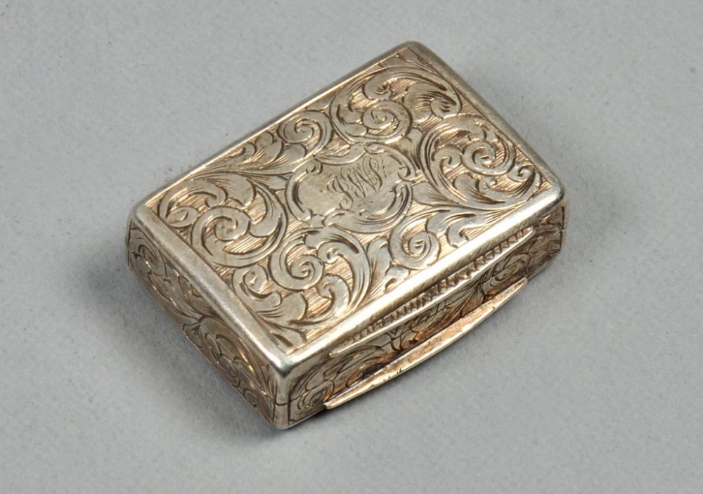 A 19c vinaigrette with gilt grill and interior, chased with scrollwork, marks for George Union 1.