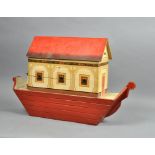 An early 20c painted pine Noah's ark with paper transfers, the roof with hinged lid, 28"l, 16"h.