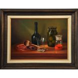 Gombeir - still life, bottled fruit and saffron, signed, oil on board, framed, 11.5" x 15.5".