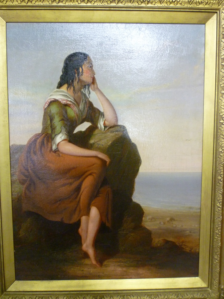 Artist unknown - oil on canvas Coastal scene with a female seated on a rock 24" x 17"