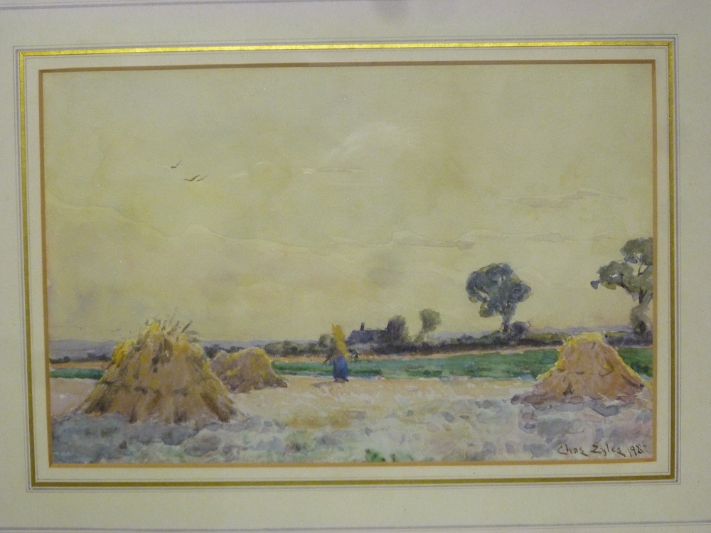 Charles Iyles - watercolour Rural scene with figures stacking hayricks, signed and dated '98