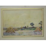 Charles Iyles - watercolour Rural scene with figures stacking hayricks, signed and dated '98
