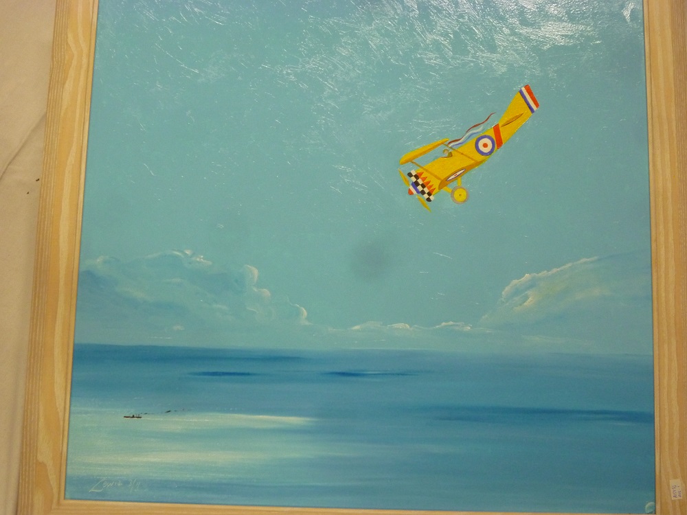 Lewis Mitchell - oil on board "Out of the Blue", biplane over the sea, signed, inscribed to verso,