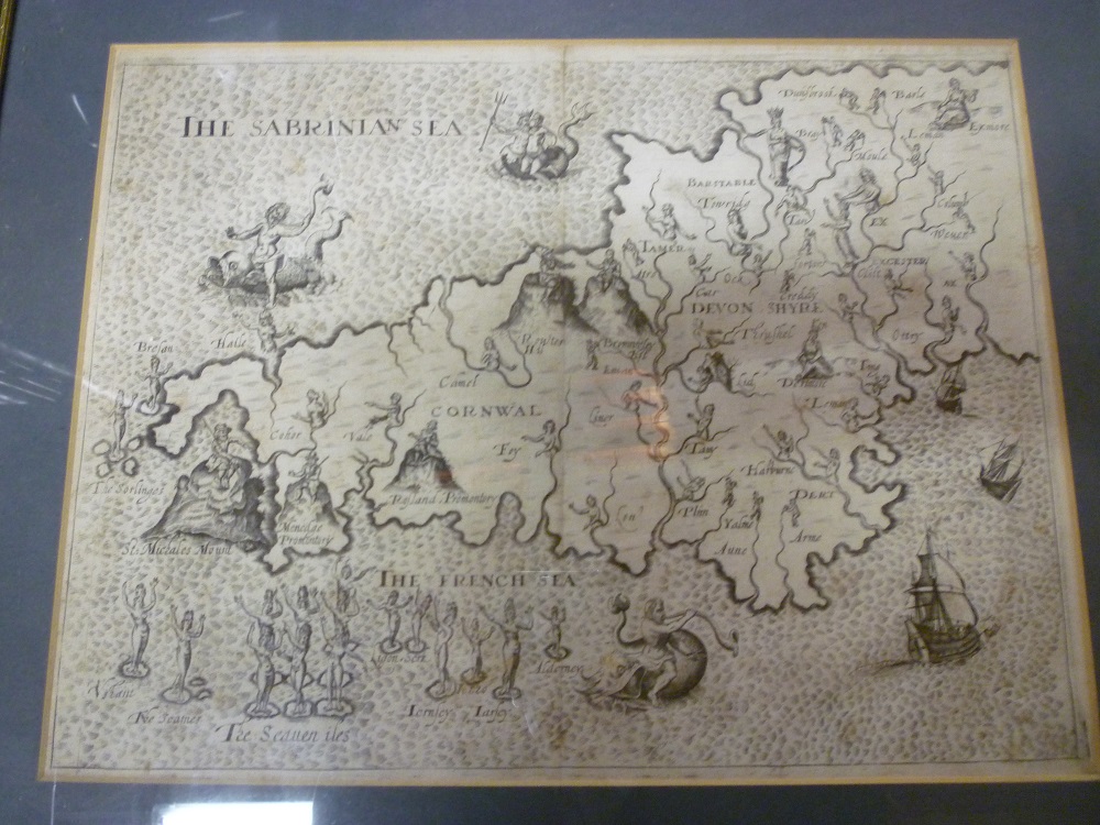 A 17th century uncoloured map of Cornwall from Drayton's Poly-olbion, framed and glazed