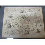 A 17th century uncoloured map of Cornwall from Drayton's Poly-olbion, framed and glazed
