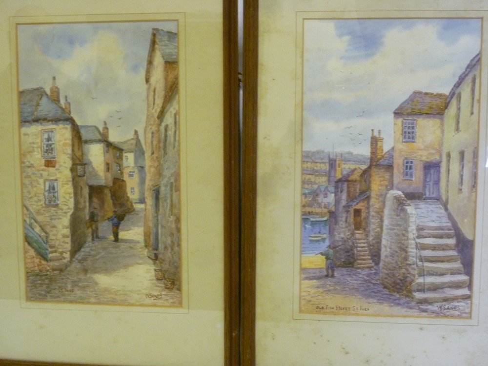 W**Sands - watercolours "Old Fish Street St Ives" and one other St Ives street scene with figures,