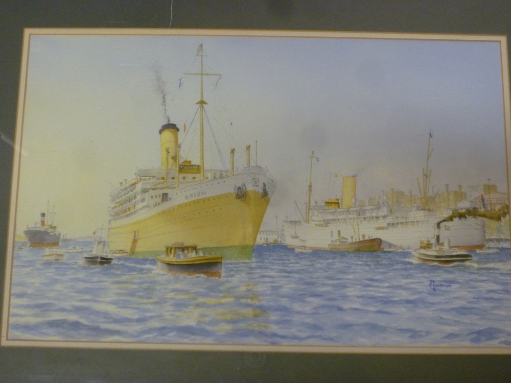 J** Chapman - watercolour "RMS Orion Leaving Port Said, Preparing for South Bound Canal Transit"