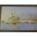J** Chapman - watercolour "RMS Orion Leaving Port Said, Preparing for South Bound Canal Transit"