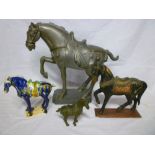 A Chinese bronze figure of a Tang-style horse, large grey metal figure of a Tang-style horse and two