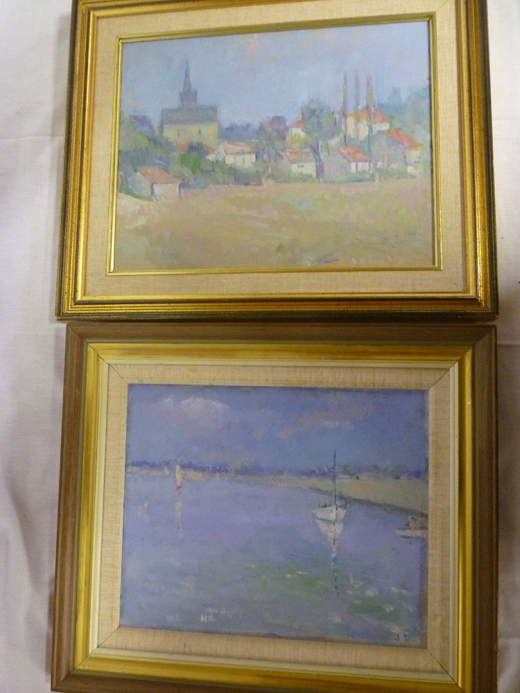 John Denahy - oils on boards "Malden Essex/Mayet Village France", signed with initials, labelled