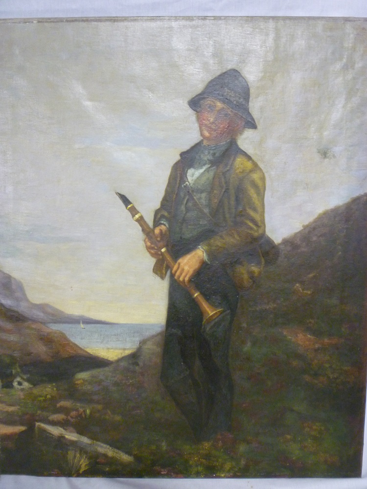 Artist unknown - oil on canvas A study of a piper boy in a coastal landscape, inscribed to the