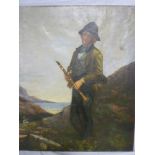 Artist unknown - oil on canvas A study of a piper boy in a coastal landscape, inscribed to the