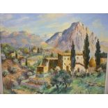 Henri Bargin - oil on canvas Alpine town scene, signed 23" x 28"