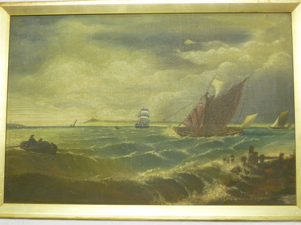 H**Grant - oil on canvas Shipping off the coast, signed and inscribed Bath 1907, 13½" x 20"