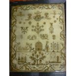 A George III rectangular embroidered sampler depicting numerous emblems, house and figures by Emma