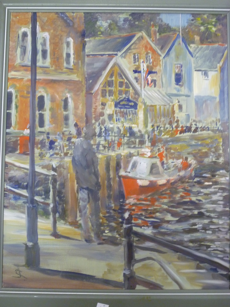 S**T** - oil on canvas Cornish harbour scene with figures, initials, 19" x 16"