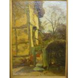 C**Knight - oil on board Garden scene with open gate, signed and dated 1889 13½" x 10"