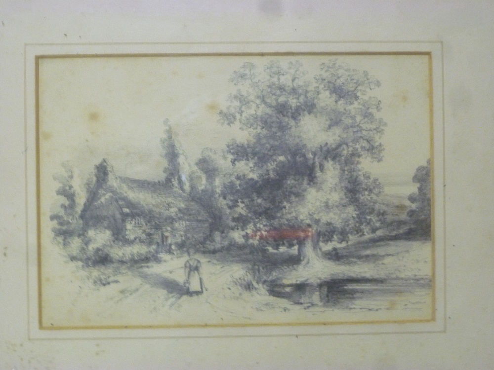Artist unknown - pencil Rural scene with cottage and figure 5½" x 8"