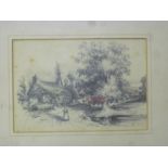 Artist unknown - pencil Rural scene with cottage and figure 5½" x 8"