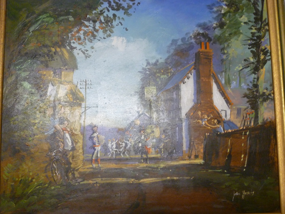 John Haskins - oil on board Village scene with Morris dancers, signed 17½" x 21"