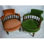 A pair of Victorian mahogany tub-style easy chairs, one upholstered in pink Draylon the other in