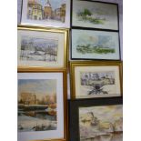 Seven various Russian watercolours depicting town scenes and rural scenes, some signed and a small