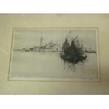 A black and white etching depicting a Mediterranean scene with boats in the foreground, signed