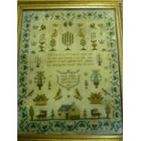 A George IV rectangular needlework sampler depicting animals, foliage, house and text by Mary