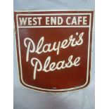 A double sided painted aluminium shield-shaped sign "Players Please" with painted "West End Cafe"