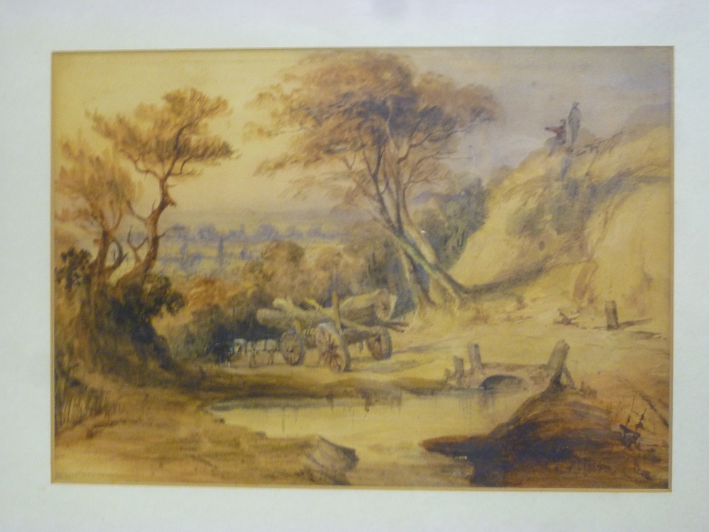 Neumann - watercolour Sepia rural scene with log cart and figures, signed 7" x 9½"