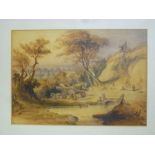 Neumann - watercolour Sepia rural scene with log cart and figures, signed 7" x 9½"