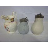 A Victorian Davenport pottery baluster shaped jug with painted and relief decorated floral designs