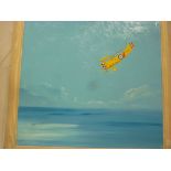 Lewis Mitchell - oil on board "Out of the Blue", biplane over the sea, signed, inscribed to verso,