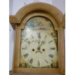 A 19th century longcase clock with 13" painted arched dial and 8 day movement in polished pine