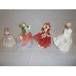 Four Royal Doulton china female figures including "Dainty May" HN1656; "Top O' The Hill", "Autumn