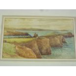 W**E**Croxford - watercolour Newquay Headland and coastal scene with figures harvesting, signed