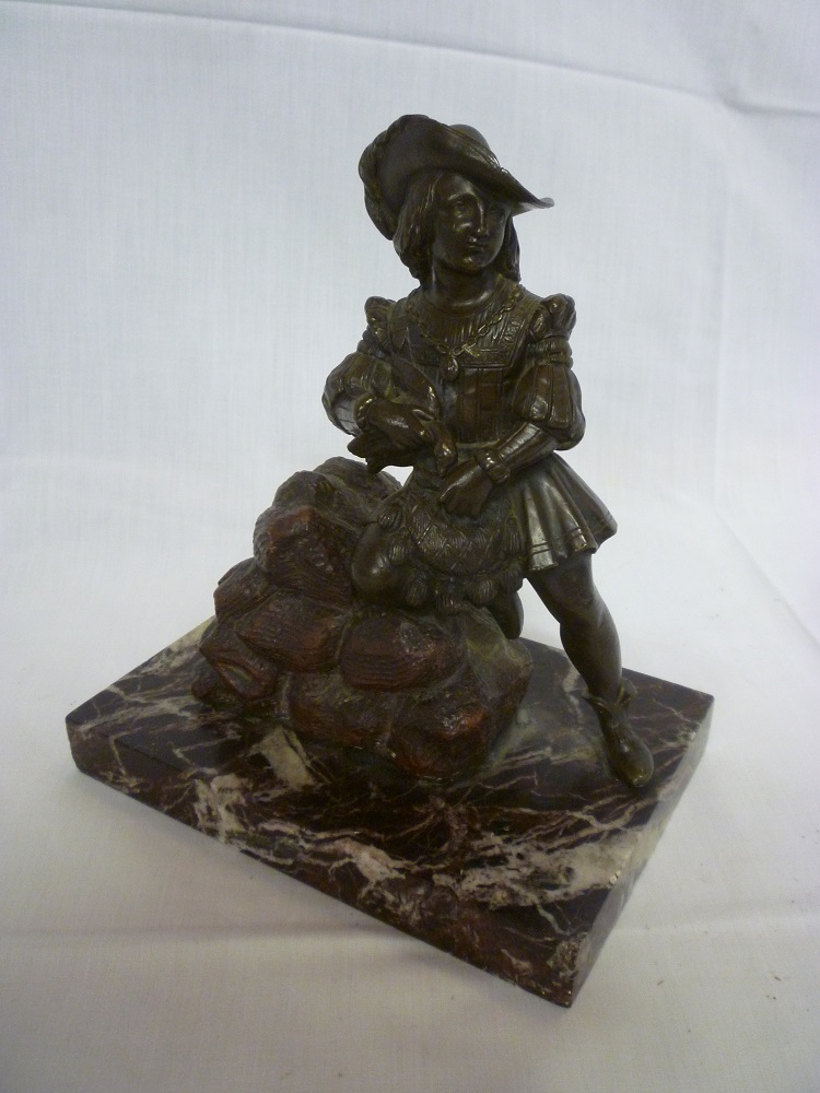 A good quality bronze figure of a classical male leaning on a rock, 6½" high on rectangular marble